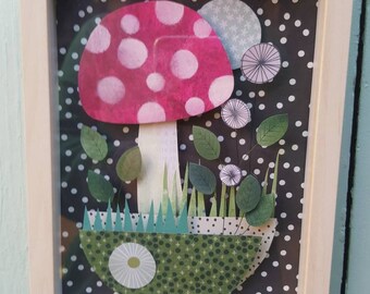 Showcase diorama made of cut paper pattern of polka dot red amanita mushroom