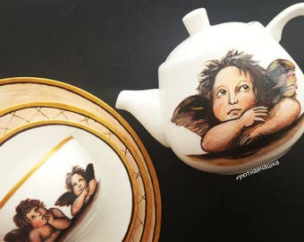 Handpainted Porcelain Tableware Raffaello Sanzio Angels Painting Renaissance Personalized Gift For Her Unique Tableware Gift for mother