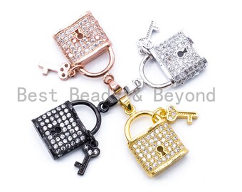 CZ Micro Pave Lock with Key Pendant, Cubic Zirconia Necklace Bracelet Pendant/Charm, 26x14mm,1pc/2pcs sku#F155