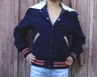 navy blue letterman jacket // vintage letterman // split-hood letterman