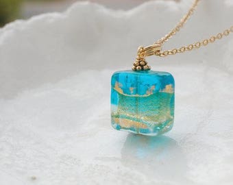 Blue Venetian Murano Glass Square Necklace