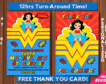 Wonder Woman Birthday Invitation with FREE Thank you card, Wonder Woman Invitation