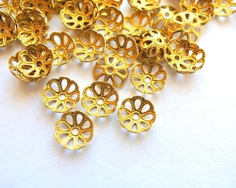 25 VINTAGE flower cap beads, metal lace design 9mmx2.5mm height