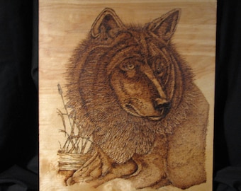 Pyrography, hand made, one of a kind wolf portrait