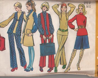 Mod 1970s Vest Flared Pants Centre Pleat Skirt and Shopping Tote Bag Simplicity 9611 Bust 34 Sewing Pattern