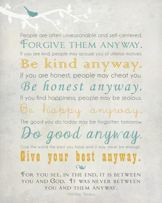 Mother Teresa Quotes Love Them Anyway Classy Mother Teresa Quote Wall Art Print Forgive Them Anyway Mother Teresa Quotes Love Them Anyway Custom Mother Teresa Quote Wall Art Print Forgive Them Anyway