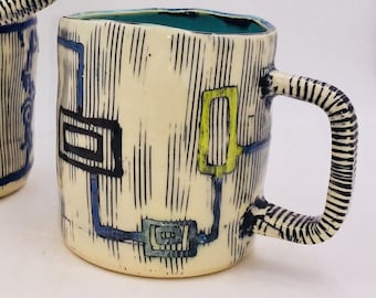Handmade ceramic Mug, water etched, ragged edge #649
