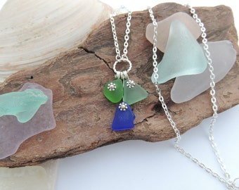 Cobalt Blue, Green and Aqua Lake Erie Beach Glass Necklace, Authentic Beach Glass