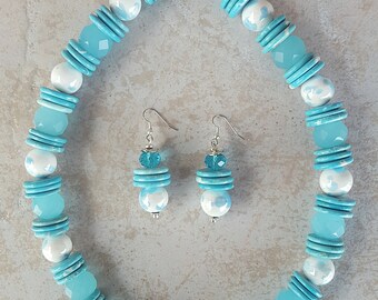 Blue Ceramic and Glass Necklace and Earring Set