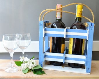 Wood wine holder, wine bottle storage rack, wine carrier case, wine tote caddy beach wedding cottage decor wine lover gift, wine crate stand