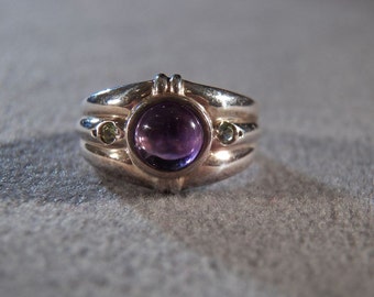 Vintage Sterling Silver Round African Amethyst 2 Peridot Fancy Bold Band Ring, Size 6 **RL