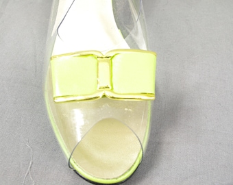 1960s Magdesians of California Slingback Shoes, Clear Vinyl Shoes, Mod Shoes 1960s Shoes, Lime Green Peep Toe Shoes