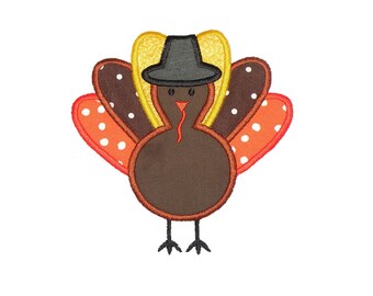 Thanksgiving Turkey With Pilgrim Hat Applique Machine Embroidery Design - 3 Sizes