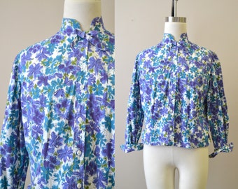 1960s Blue Floral Cotton Blouse