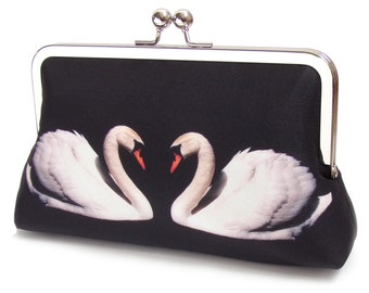 White swan clutch bag, silk purse, two swans, bridal bag, bridesmaid gift, black and white