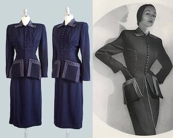 Vintage 1950s LILLI ANN Suit | 50s Navy Blue Wool Gabardine Tailored Fitted Peplum Blazer Jacket Pencil Skirt Set (small)