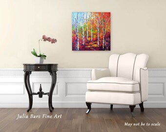 Birch Tree Print, Aspen Tree Art, Giclee Print, Autumn Painting, Red Art Print on Canvas, Landscape Painting, Canvas Art, Original Artwork