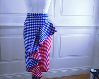 NICKA Gingham Ruffle Pencil Skirt