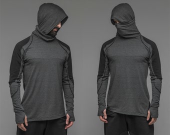 Ninja long sleeve hoodie, men's grey cosplay clothing, assassin creed blazer, burning man jumper, dust mask, black turtleneck top Jedi A0099