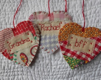 PERSONALIZED Heart Snippet Ornament - Stitched from Upcycled Vintage Quilt Piece
