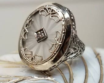 Art Deco 14K White Gold Camphor Diamond Filigree Ring