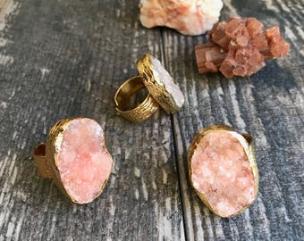 Geode Ring,Raw Geode Ring,Raw crystal ring, Druzy Ring,Natural Druzy Ring,Quartz Ring,Druzy Agate Ring,Gold Druzy Ring, Pink Crystal Ring