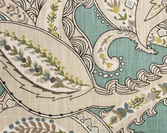 Aqua Cream Paisley Damask Printed on Linen Cotton Canvas Fabric by the Yard- Style 3527