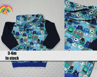 Monsters cowl jumper, warm jumper, blue baby jumper, snuggly neck, loose fit jumper, baby jumper, cosy cowl. 3-6M
