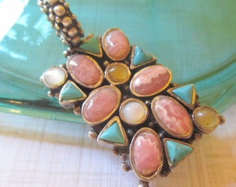 Barse Sterling Multi GemStone Pendant MOP Jasper Coral Turquoise