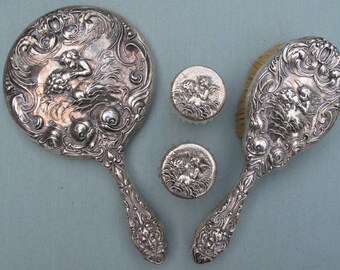 UNGER BROTHERS Love's Dream Sterling 4 Pc Dresser Set: Mirror, Brush, 2 Sm Jars, All Hallmarked
