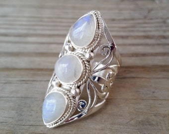 Moonstone Ring - Rainbow Moonstone Statement Ring - Moonstone Jewelry - Sterling Silver Ring - Gemstone Ring - Unique Large Ring