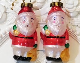 2 old vintage glass Santa ornaments set * HO HO HO