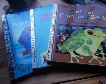 3 vintage children's books Animal counting book,,ddectecrive Mickey..Beauty and beadt...