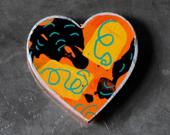 OOAK Orange Black Yellow Wooden Heart Magnet Hand Painted