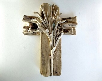Driftwood cross wall art, 12 inch, confirmation baptism wedding, English sea glass, shoreline treasures, handmade on Dorset's Jurassic Coast
