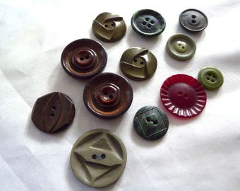 Vintage Buttons - Moss and Mountain Colors Collection - Bakelite / Celluloid / Marbled/ Sew-Thru Assortment / 12 / Art Deco