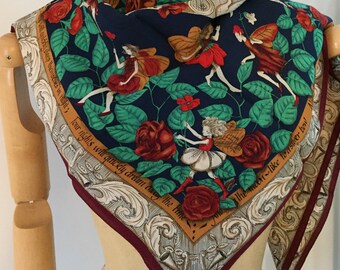 Midsummer Night Dream Silk Scarf, Blue Green, Floral, SALE