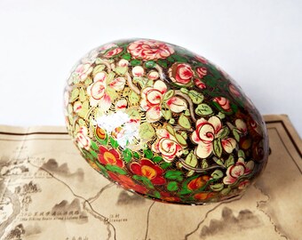 Large Egg Shaped Papier Mache and Hand Painted Trinket Box from Kashmir India/Easter Egg Lacquer Box