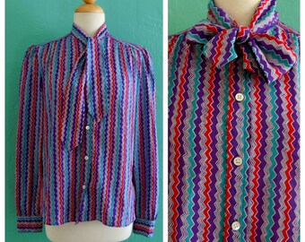 80's striped tie neck blouse // secretary top