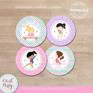Gymnastic Cupcake Toppers, Gymnastic Party Printable, Gymnastic Stickers, Gymnastic favors DIY, Party Decorations Instant Download