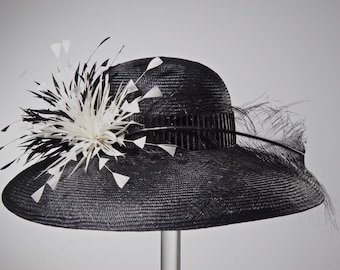 Kentucky Derby Hat Women's Straw Black Hat Black and White Hat Wide Brim