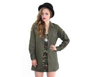 Vintage 1980s German army olive blouse military shirt khaki boyfriend jacket oversized