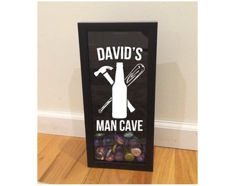 Beer Cap Holder Shadow Box - Customizable Man Cave Name Option - Hammer & Baseball Bat - Black (6" x 14") - Home Bar Accessories