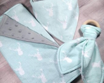Baby Boy Gift Set- Minky Burp Cloth - Wooden Ring - Minky Bib - Gender Neutral - Baby Shower Gift - Newborn Baby Gift - Teething Ring