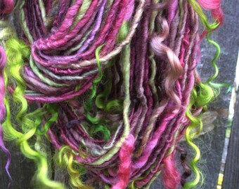 HANDSPUN Yarn Polwarth Wool Silk Thick and Thin Yarn with Locks