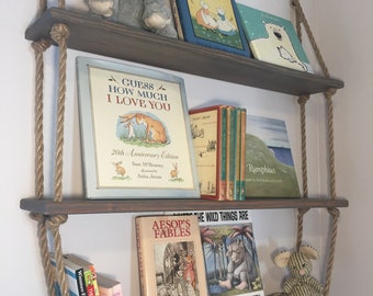 Three tier rope and wood nautical bookshelf, hand crafted to match ikea hemnes dresser