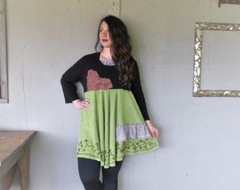 Sale upcycled clothing Boho tshirt dress reclaimed Bohemian tunic X Large 1 X recycled dress Wearable art fun clothes LillieNoraDryGoods