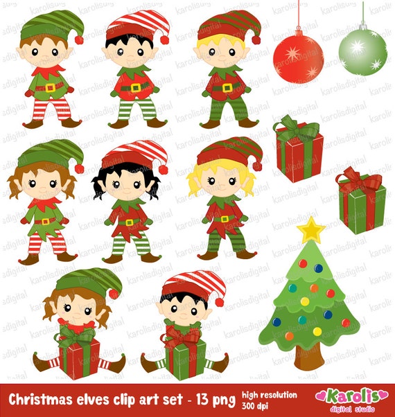 Cute Christmas Elves Digital Clip Art Set Christmas Tree