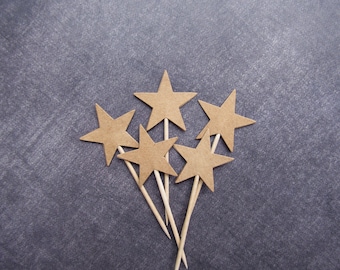 24 Kraft Star Cupcake Toppers, Double-Sided, Party Decor, Rustic, Woodland, Wedding, Shower, Birthday, Graduation