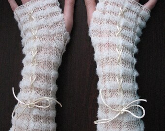 Fingerless Gloves lace, Wrist Warmers white Long Corset for Wedding and Soft Linen, Acrylic with Satin Ribbons in Victorian Style